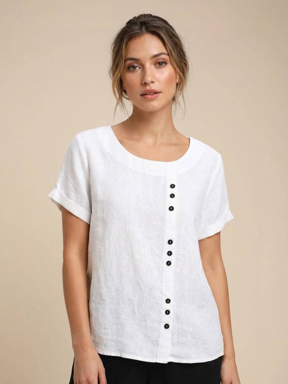 Women's Short Sleeve Top with Scoop Neck and Button Detail