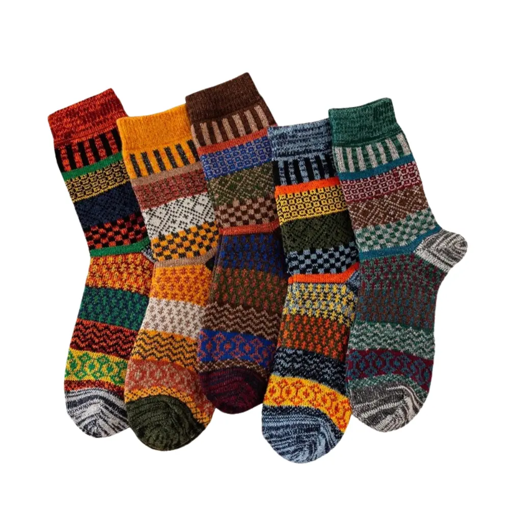 Retro Sheep Wool Men Socks Thick Warm Winter Knit With Colorful Vintage Patterns For Snow Boots