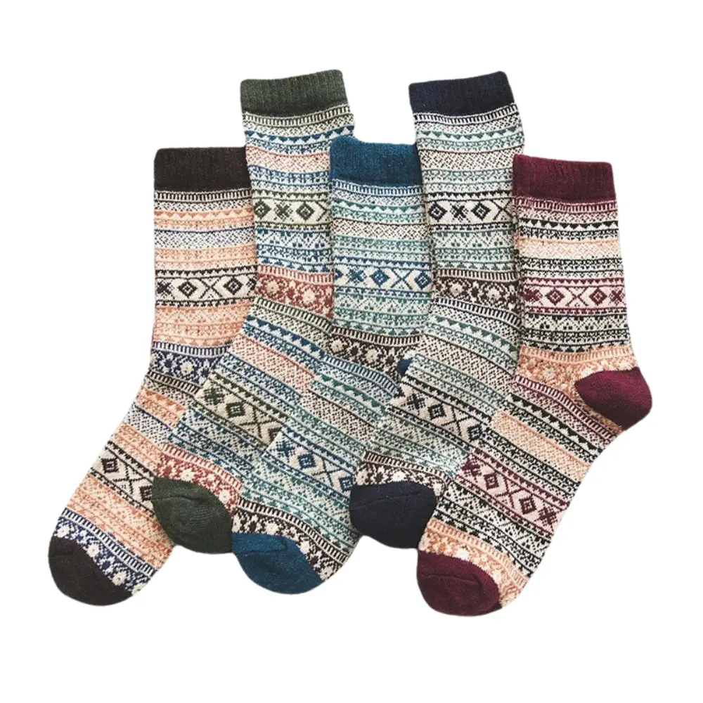 Retro Sheep Wool Men Socks Thick Warm Winter Knit With Colorful Vintage Patterns For Snow Boots