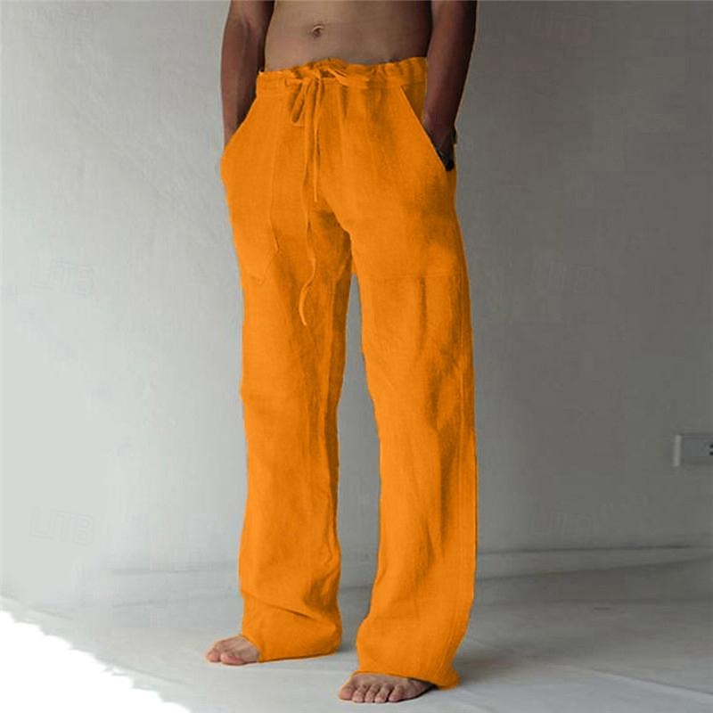 Men's Linen Pants Breathable Lightweight Drawstring Waist Loose Fit Casual Look For Summer