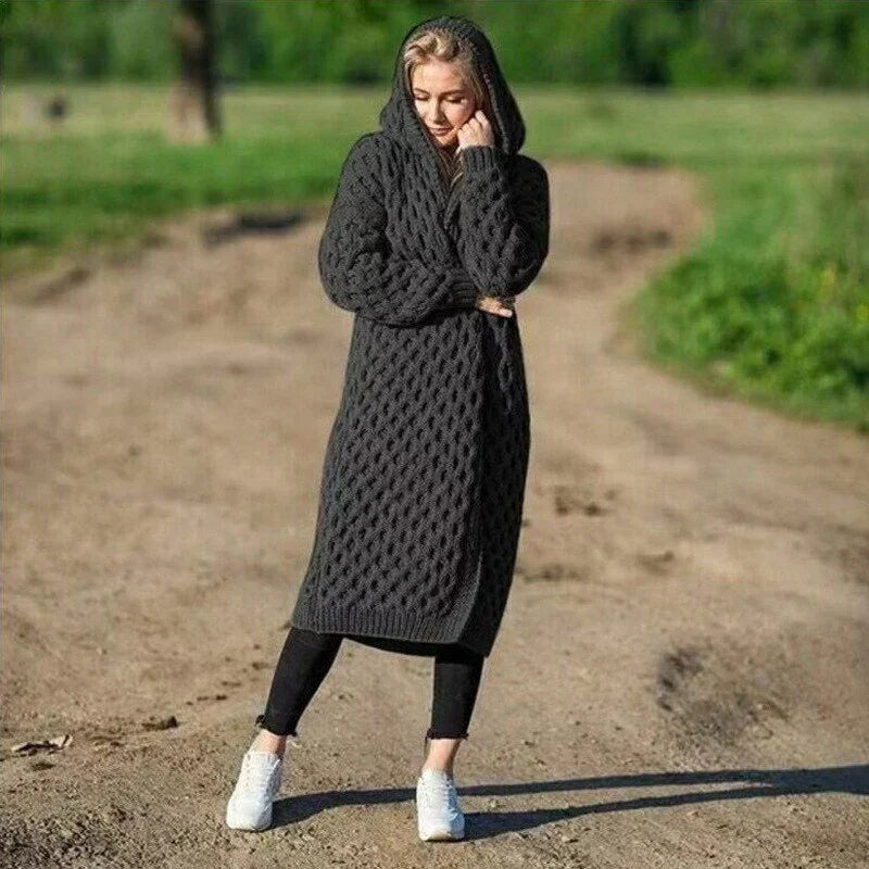Women’s Hooded Cardigan – Chunky Knit – Relaxed Fit – Cable Knit – Long Open Front