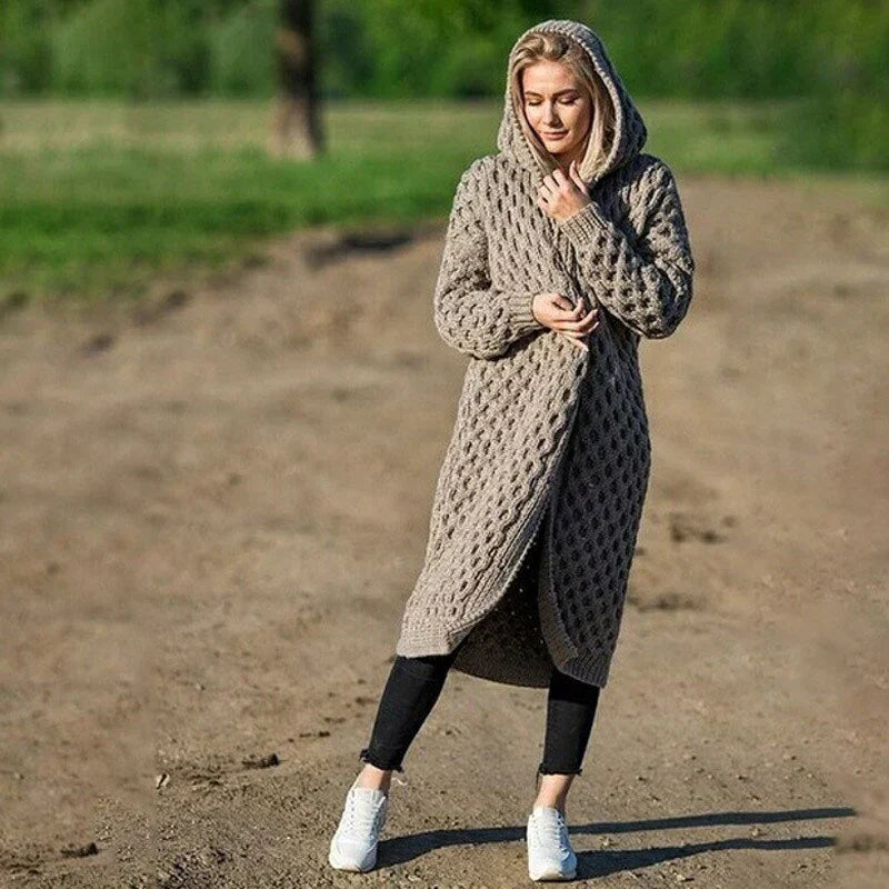 Women’s Hooded Cardigan – Chunky Knit – Relaxed Fit – Cable Knit – Long Open Front