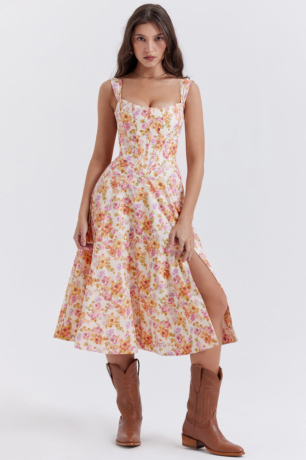 Floral Midi Dress For Summer Beach And Brunch Flattering Mid Calf Length Soft Comfort