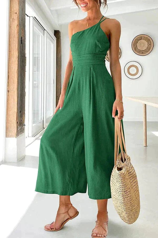 Women’s Jumpsuit – One Shoulder – Fitted Waist – Cropped Wide Leg – Cotton Fabric