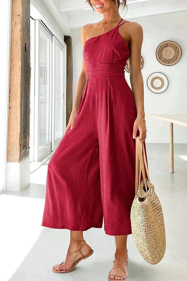 Women’s Jumpsuit – One Shoulder – Fitted Waist – Cropped Wide Leg – Cotton Fabric