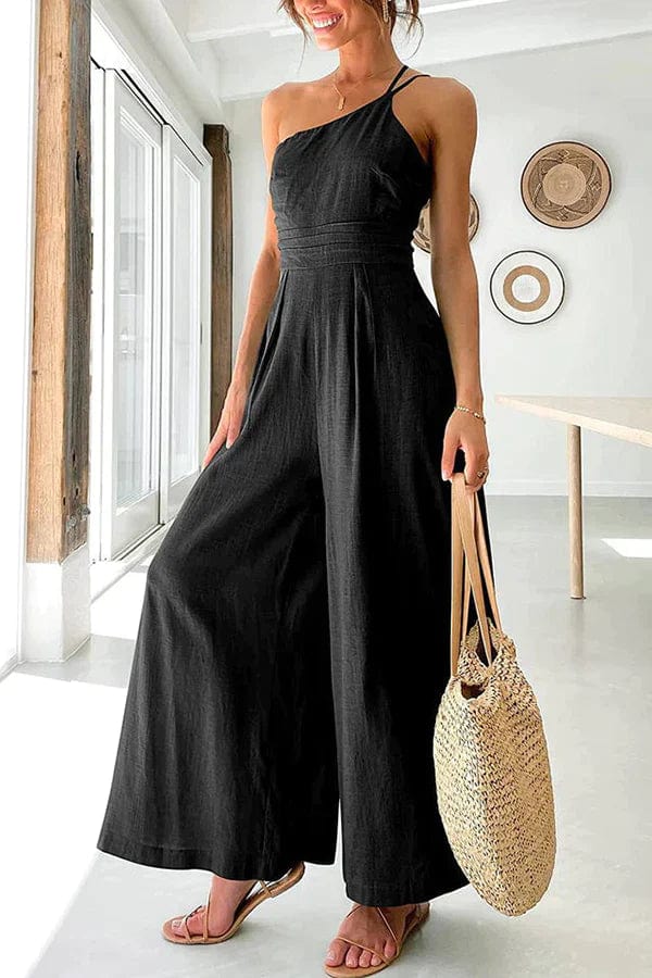 Women’s Jumpsuit – One Shoulder – Fitted Waist – Cropped Wide Leg – Cotton Fabric