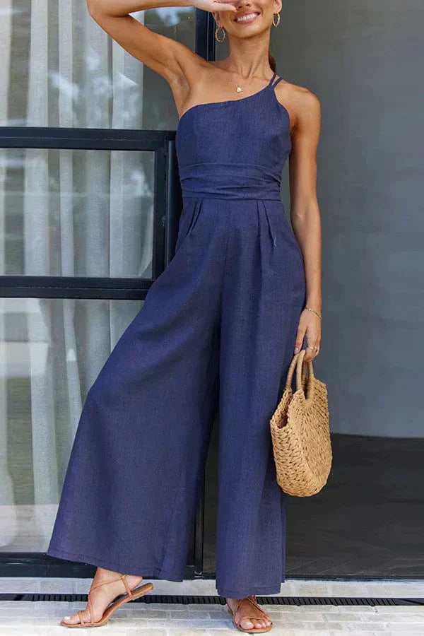 Women’s Jumpsuit – One Shoulder – Fitted Waist – Cropped Wide Leg – Cotton Fabric