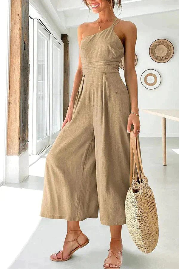 Women’s Jumpsuit – One Shoulder – Fitted Waist – Cropped Wide Leg – Cotton Fabric