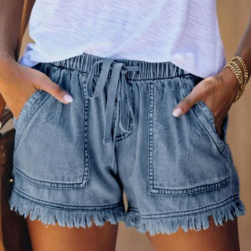 Short high-waisted denim with drawstring and fringed hem for women