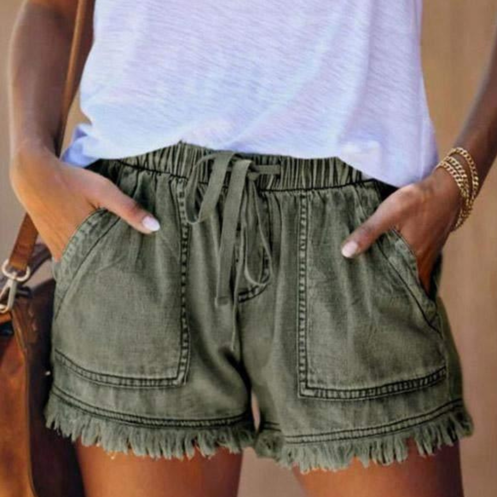 Short high-waisted denim with drawstring and fringed hem for women