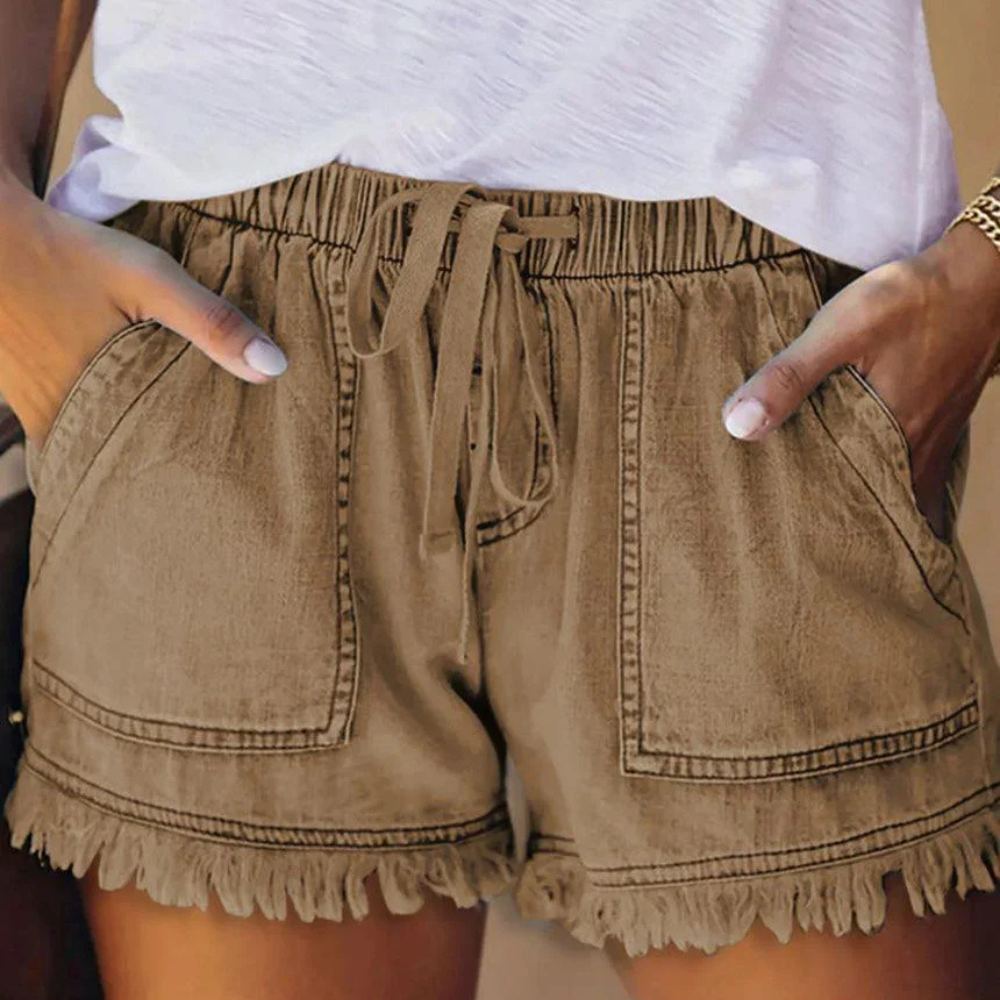 Short high-waisted denim with drawstring and fringed hem for women
