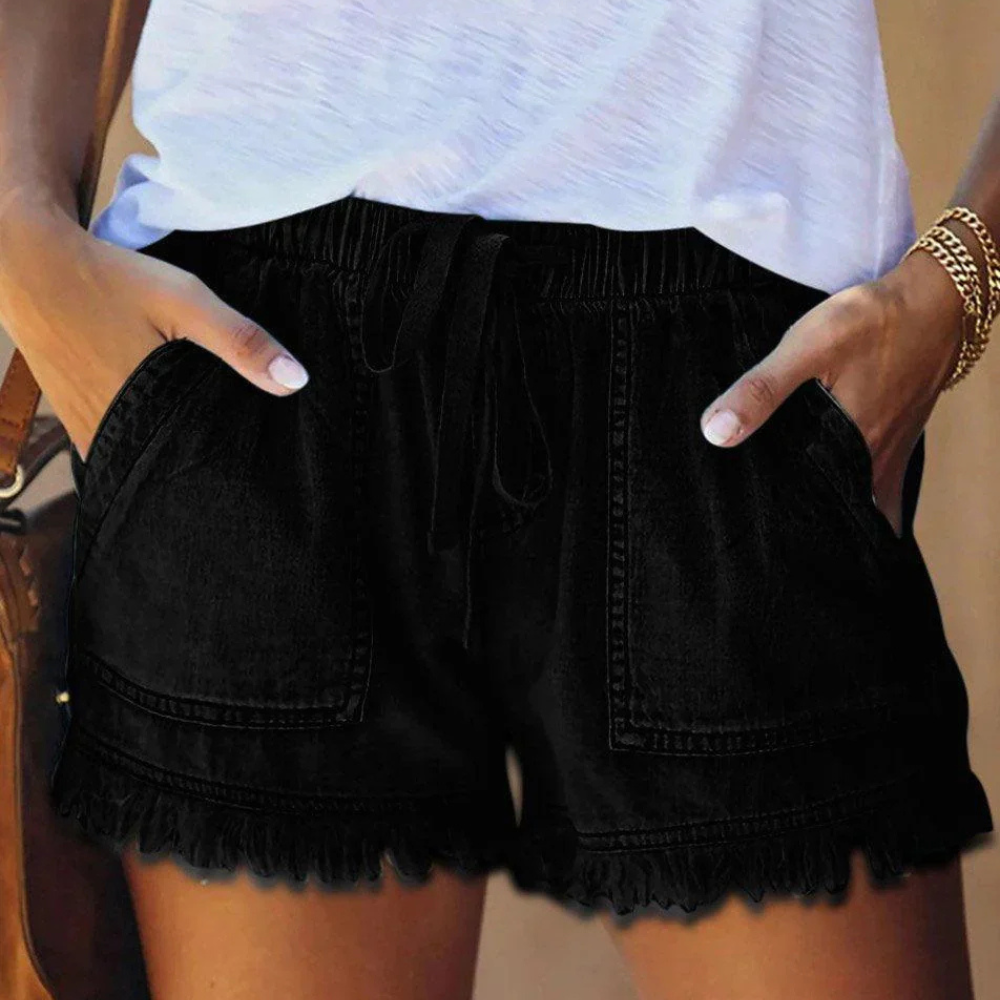 Short high-waisted denim with drawstring and fringed hem for women
