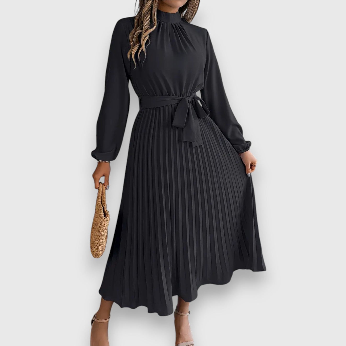 Women's Pleated Midi Dress with Flared Skirt and Sleeveless Design