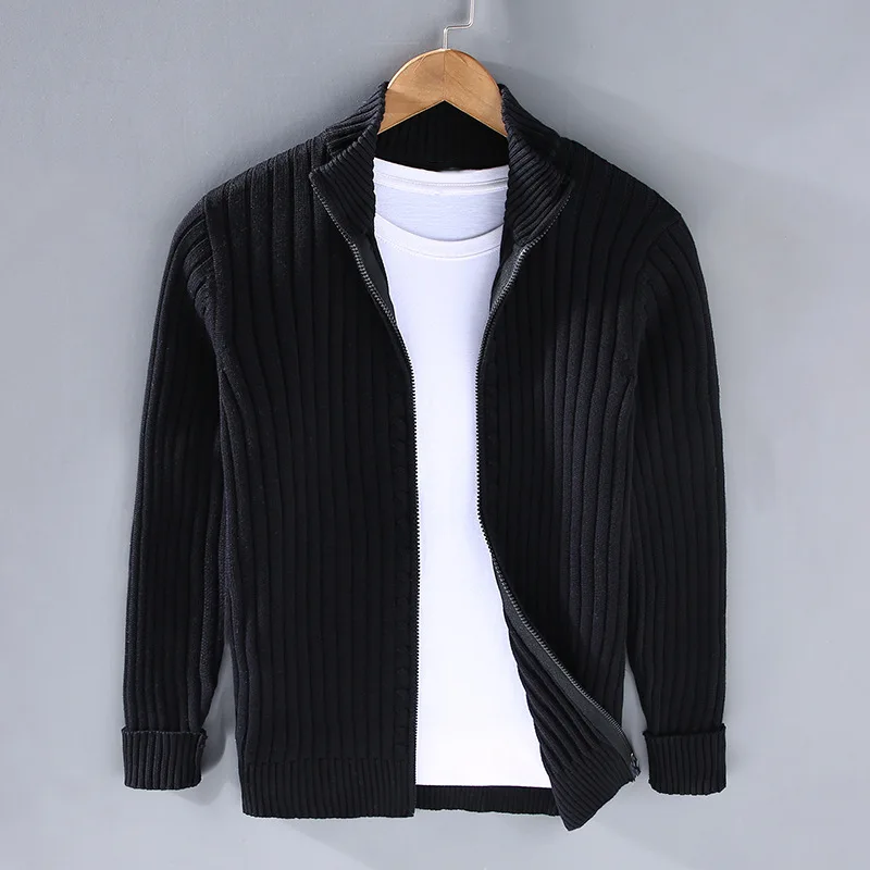 Aurelian Ribbed Zip Cardigan For Men Full Zip Knitwear With Stand Collar Slim Fit Layering