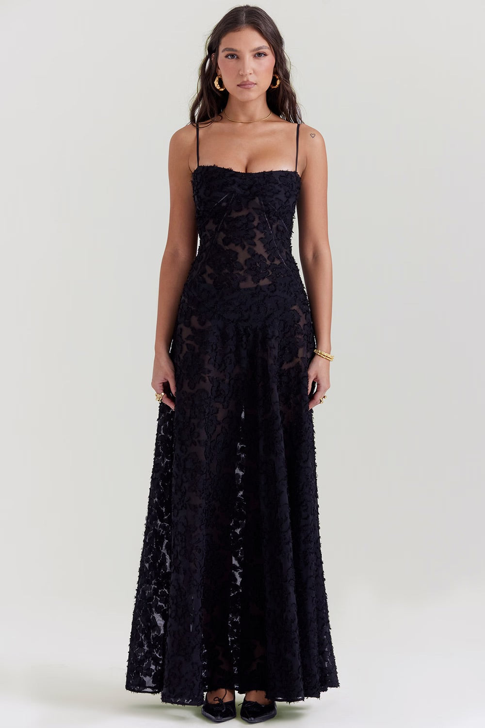 Long Lace Dress For Women With Floral Embroidery Timeless Black Evening Gown For Elegant Confident Look