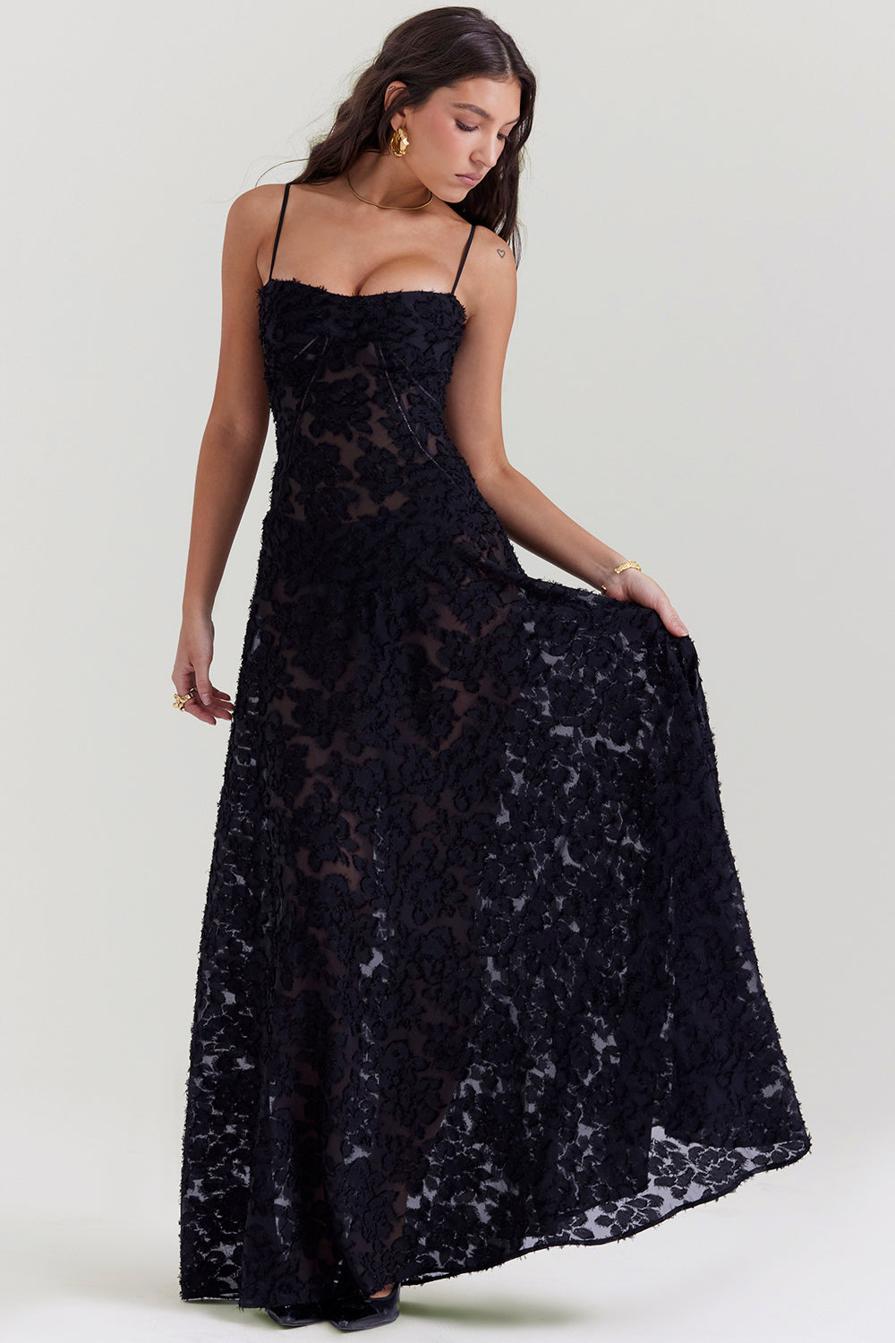 Dress for Women – Maxi – Slim Fit – Lace Back – Floral Appliqué – Party Ready
