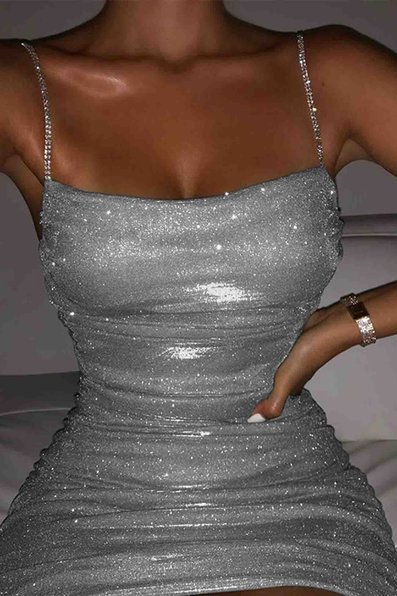Women's Bodycon Mini Dress - Shiny Fabric - Sleeveless with Spaghetti Straps