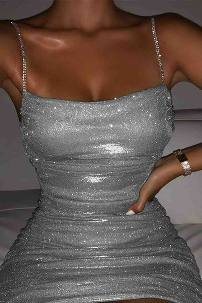 Women's Bodycon Mini Dress - Shiny Fabric - Sleeveless with Spaghetti Straps