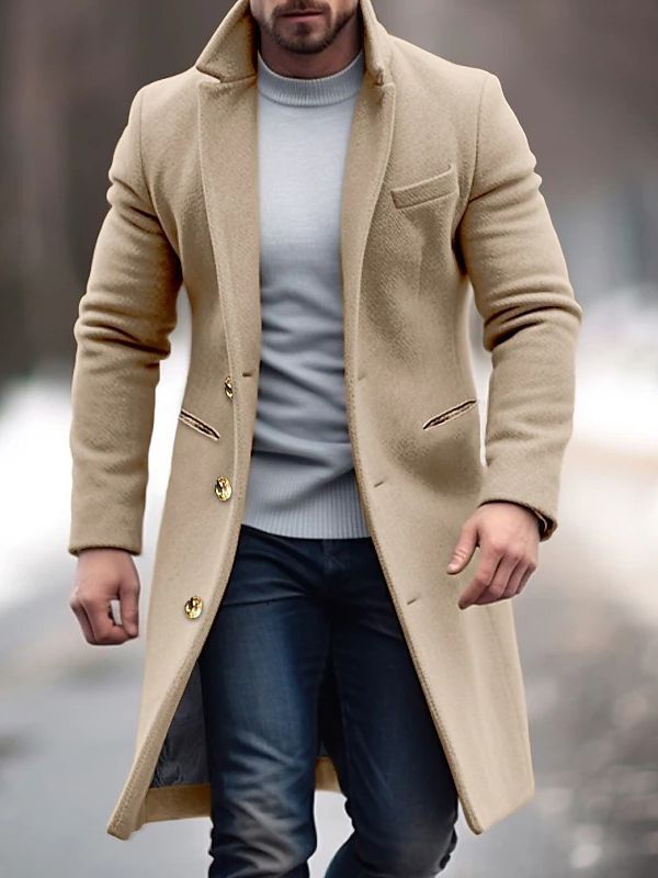 Men's Long Winter Coat With Button Closure Timeless Structured Fit For Office And Everyday Wear