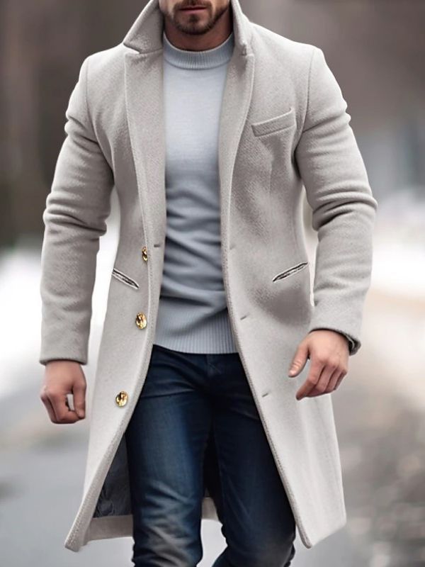 Men's Long Winter Coat With Button Closure Timeless Structured Fit For Office And Everyday Wear