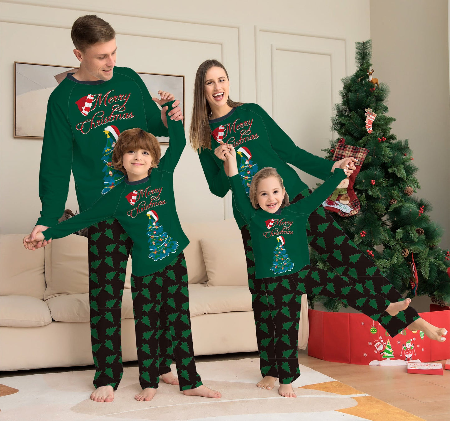 Family Matching Christmas Pajamas Set For Parents And Kids With Festive Tree Design