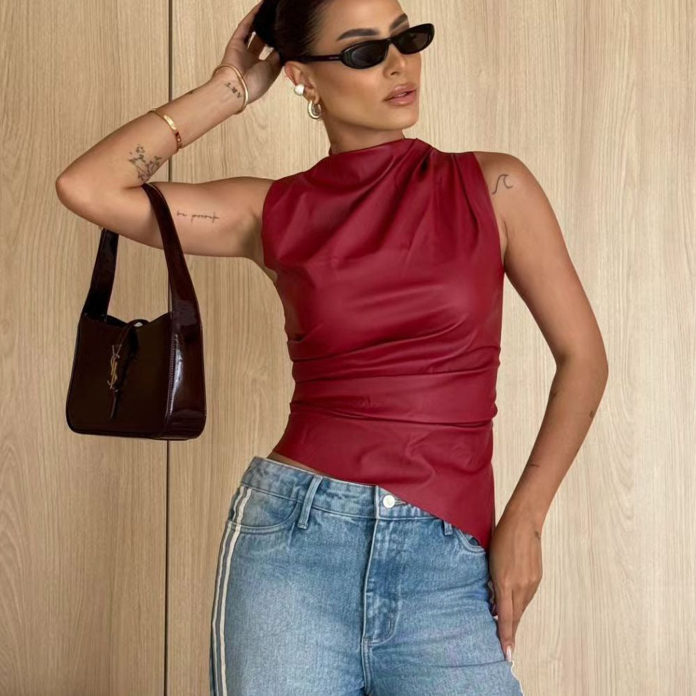 Mock Neck Faux Leather Cinched Tank Top