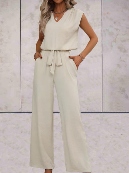 Camilla | Elegant Sleeveless Blouse Set with Lace Neckline and Pants