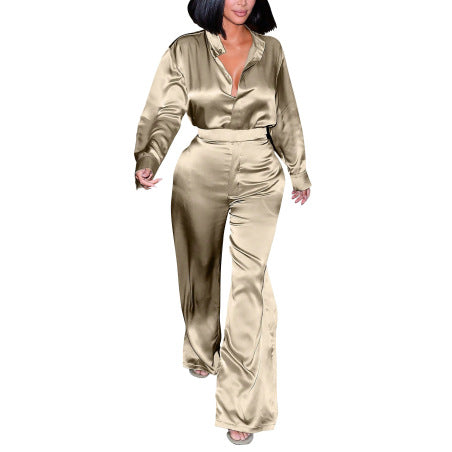 Champagne Silk Blend Two Piece Set Draped For Women Elegant Spring Comfort Flattering Fit