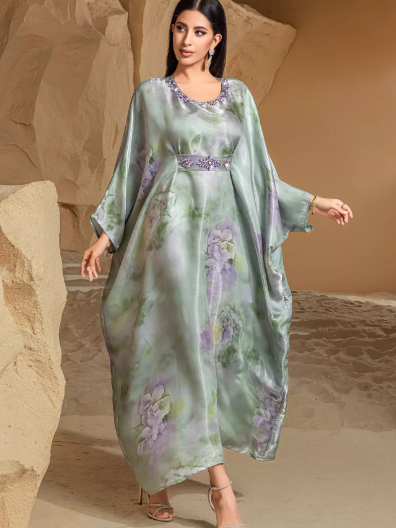 TrendAura Holiday Dress With Green Fruit Print And Airy Batwing Sleeves For Vacation