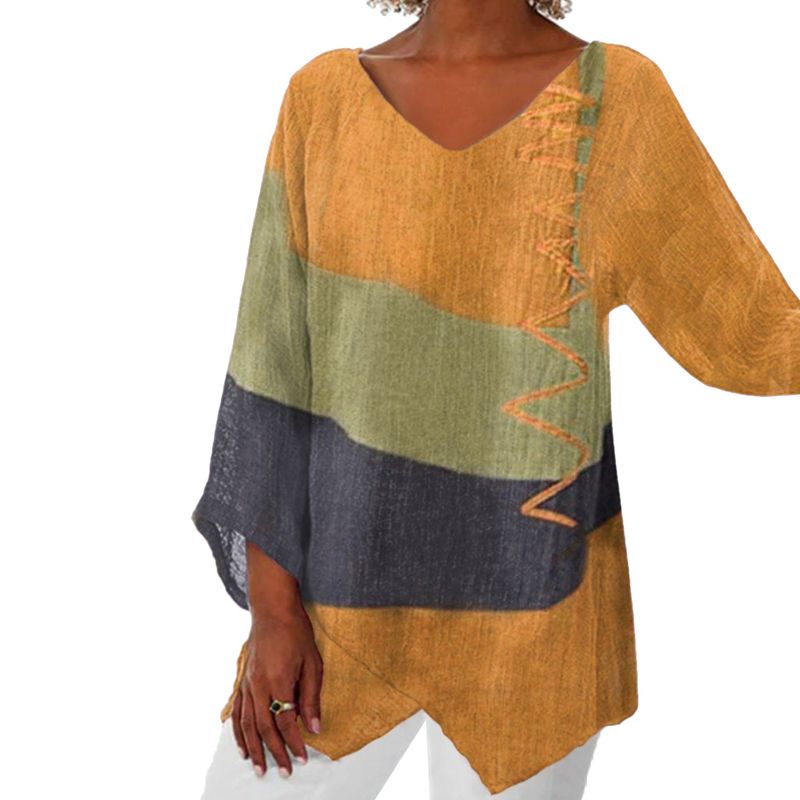 Women's V-neck Patchwork Blouse | Asymmetric Hem