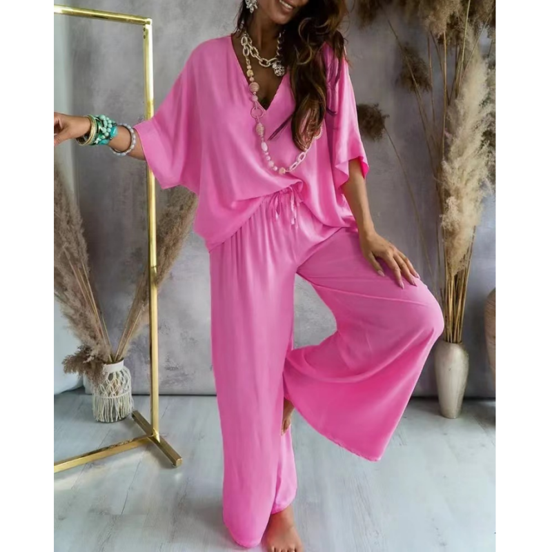 Women's Loungewear Set - Oversize V-Neck Top & Wide Trousers - Soft & Breathable