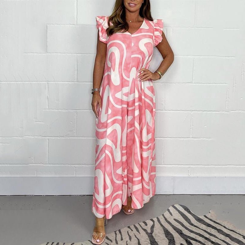 Women's V-Neck Jumpsuit with Ruffle Sleeves and Wide Legs
