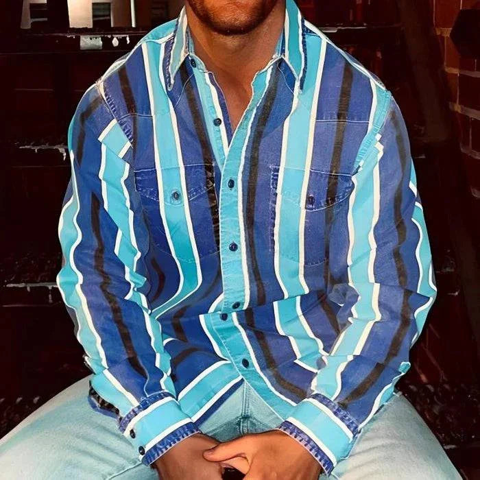 Men's Striped Western Shirt Oversized Fit Bold Vertical Stripes for Casual Weekend Wear