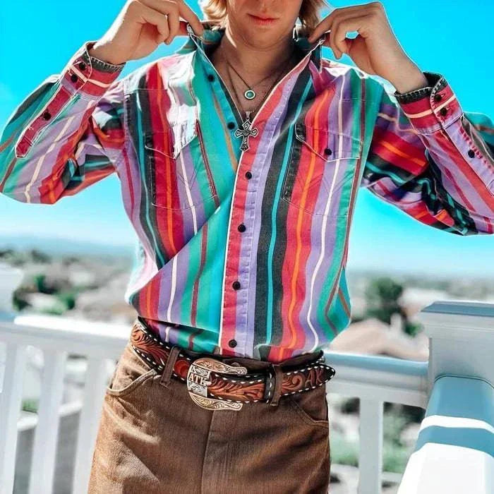 Men's Striped Western Shirt Oversized Fit Bold Vertical Stripes for Casual Weekend Wear