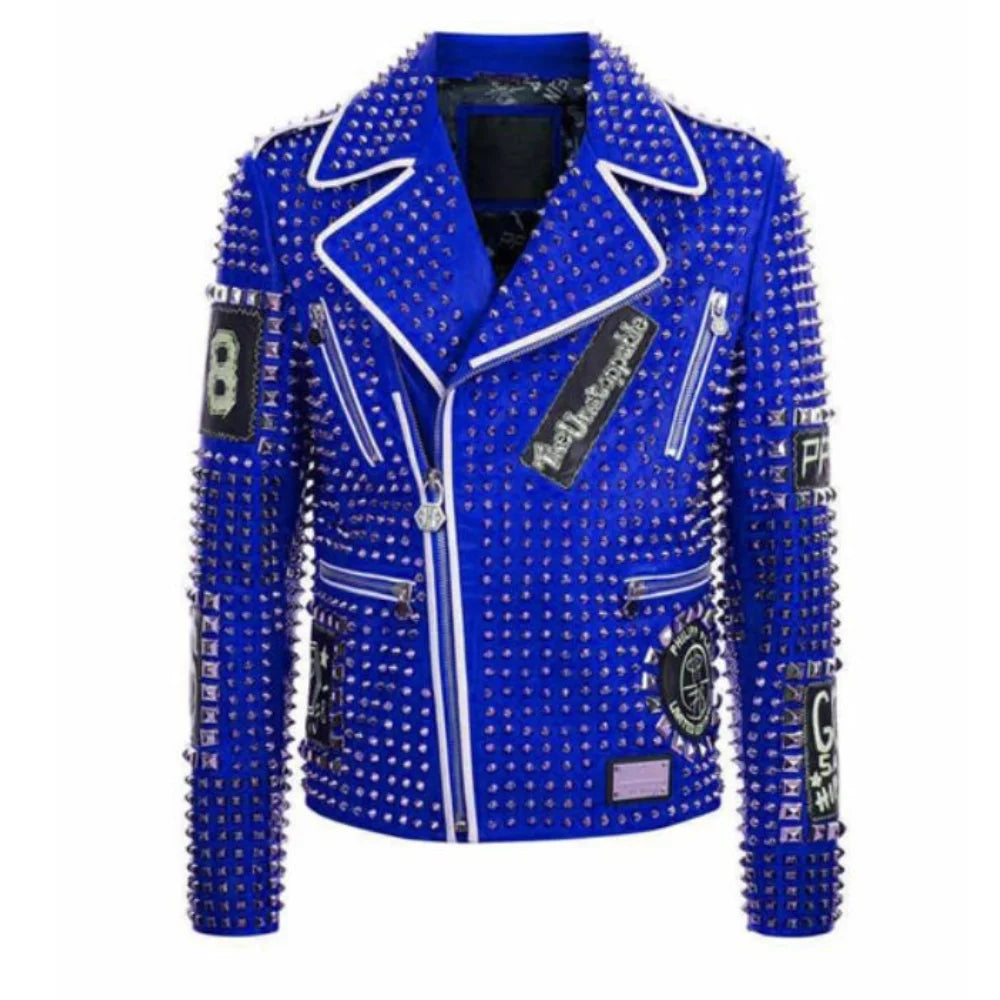 Men's Brando Black and Blue Studded Leather Biker Jacket with Silver Zippers and Trim