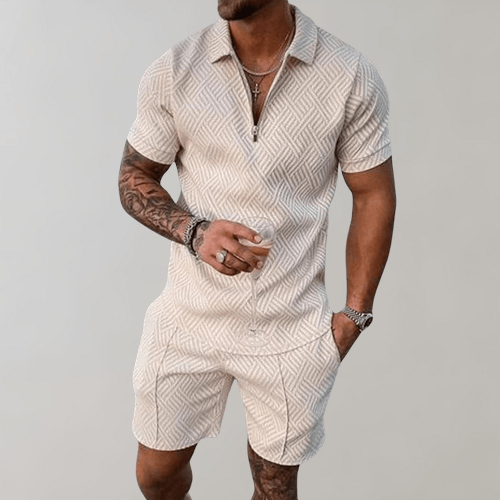 Men's Textured Zipper Polo Set With Shorts Modern Casual Style For Sunny Days This Summer
