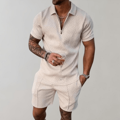 Men's Textured Zipper Polo Set With Shorts Modern Casual Style For Sunny Days This Summer