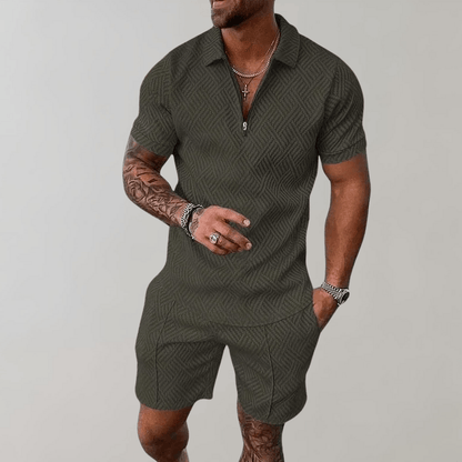 Men's Textured Zipper Polo Set With Shorts Modern Casual Style For Sunny Days This Summer