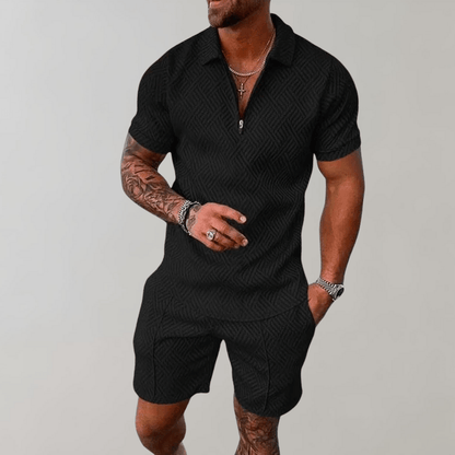 Men's Textured Zipper Polo Set With Shorts Modern Casual Style For Sunny Days This Summer