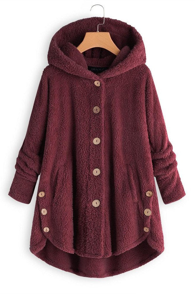 TrendAura Womens Hooded Coat Plush Sherpa Texture Oversized Mid Length Warmth For Everyday