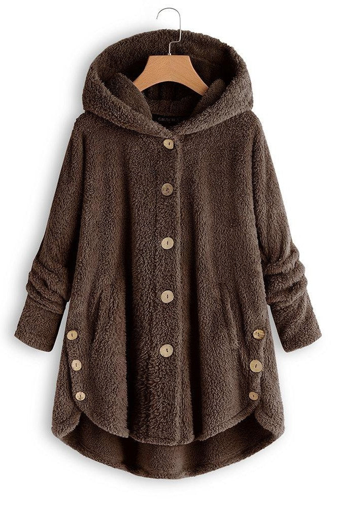 TrendAura Womens Hooded Coat Plush Sherpa Texture Oversized Mid Length Warmth For Everyday