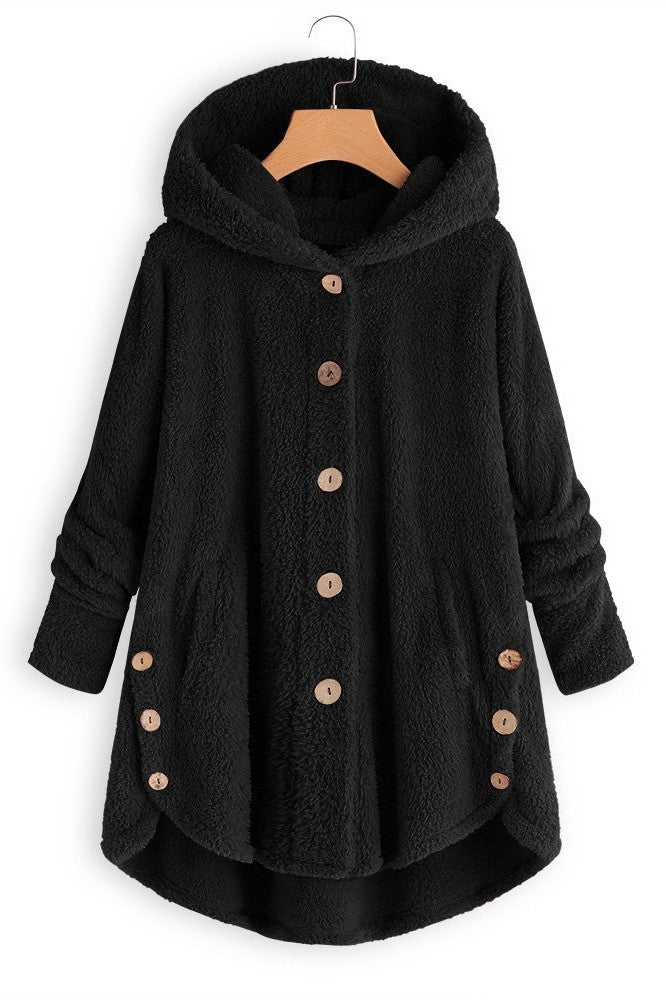 TrendAura Womens Hooded Coat Plush Sherpa Texture Oversized Mid Length Warmth For Everyday