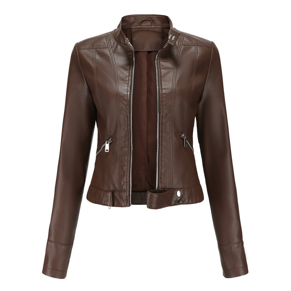 Women's leather jacket with zipper, stand-up collar, and belt