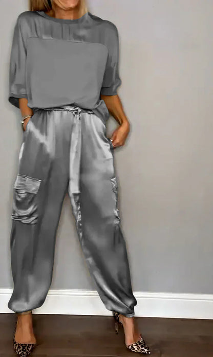 Lina Satin Set For Women Luxurious Soft Satin Flowing Sleeves And Tailored Pants