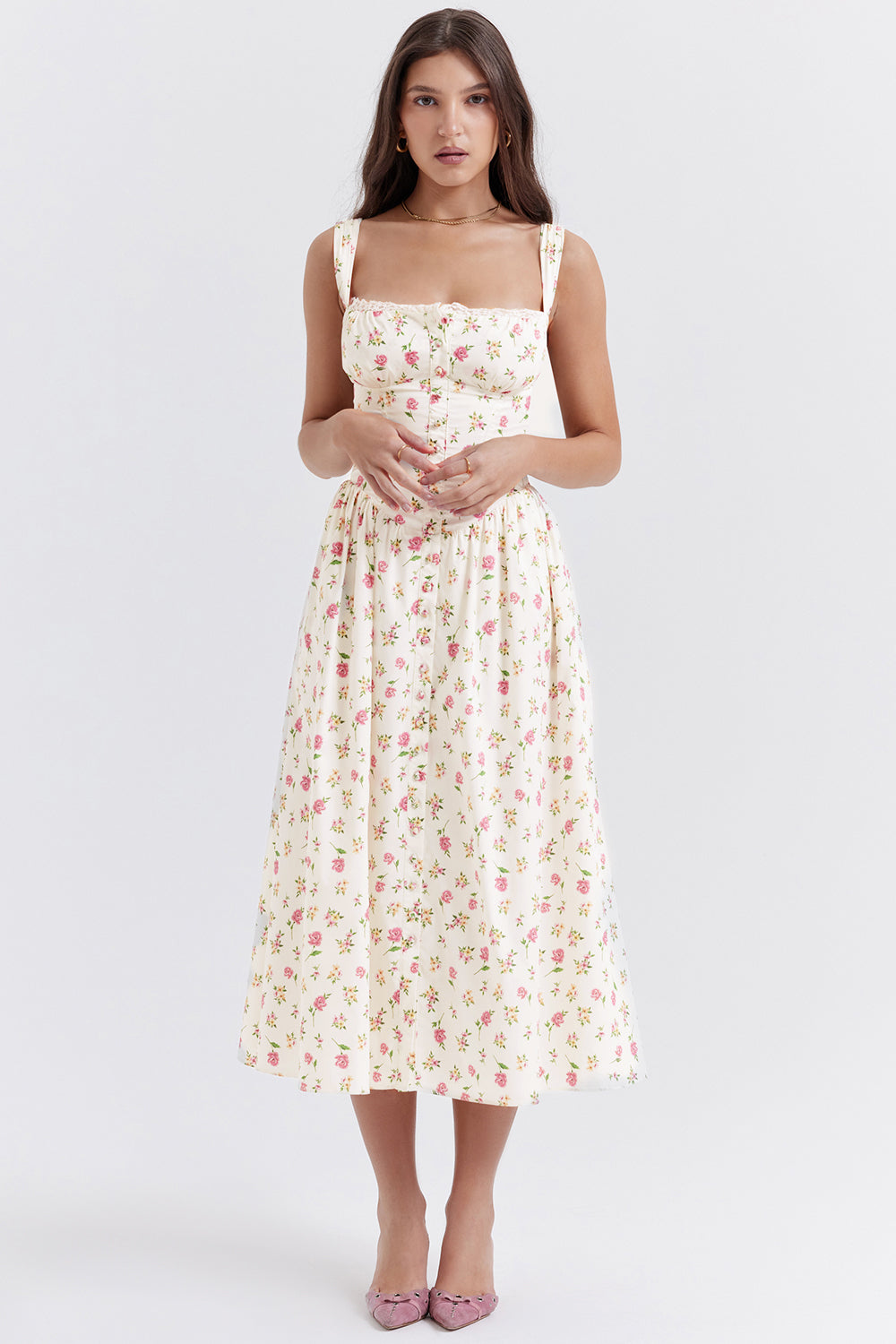 Floral Midi Dress For Summer Beach And Brunch Flattering Mid Calf Length Soft Comfort