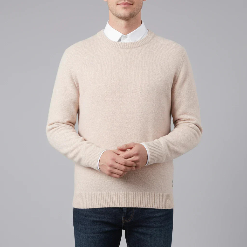 Men's Light Blue Crew Neck Knit Sweater Regular Fit With Ribbed Cuffs Timeless Wardrobe Essential