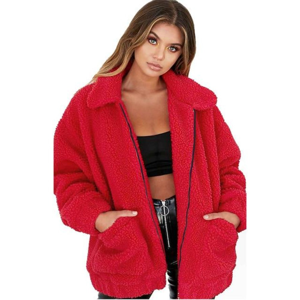 Women’s Coat – Oversized Fit – Plush Fleece – Zipper Front – High Collar – Casual Wear