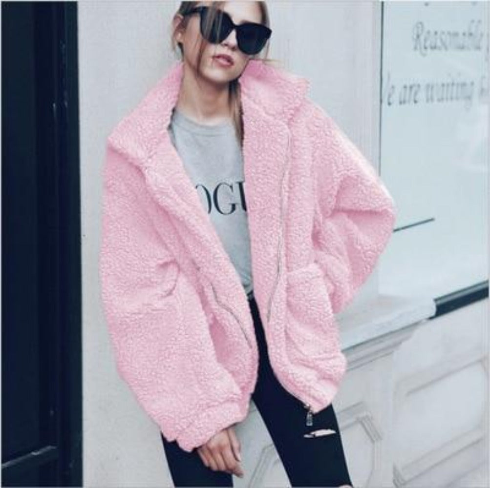 Women’s Coat – Oversized Fit – Plush Fleece – Zipper Front – High Collar – Casual Wear