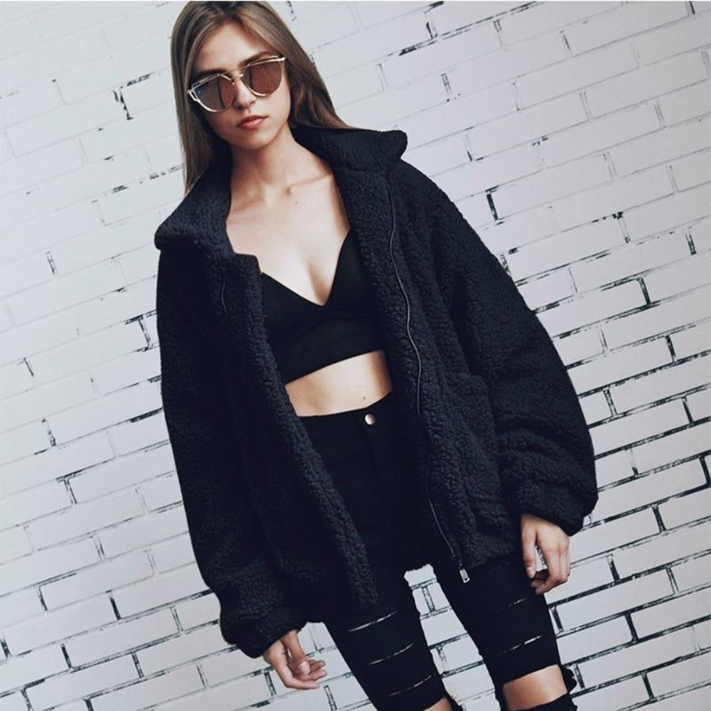 Women’s Coat – Oversized Fit – Plush Fleece – Zipper Front – High Collar – Casual Wear