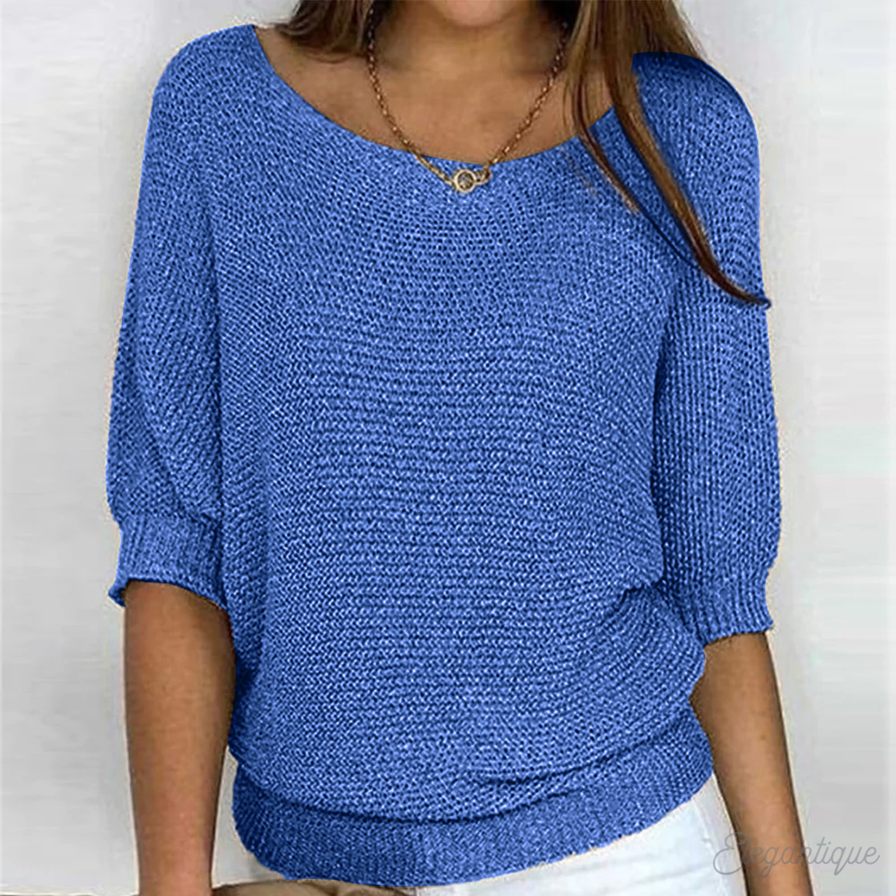Women's Knit Sweater - Loose Fit - Wide Boat Neck - 3/4 Sleeves - Ribbed Edges